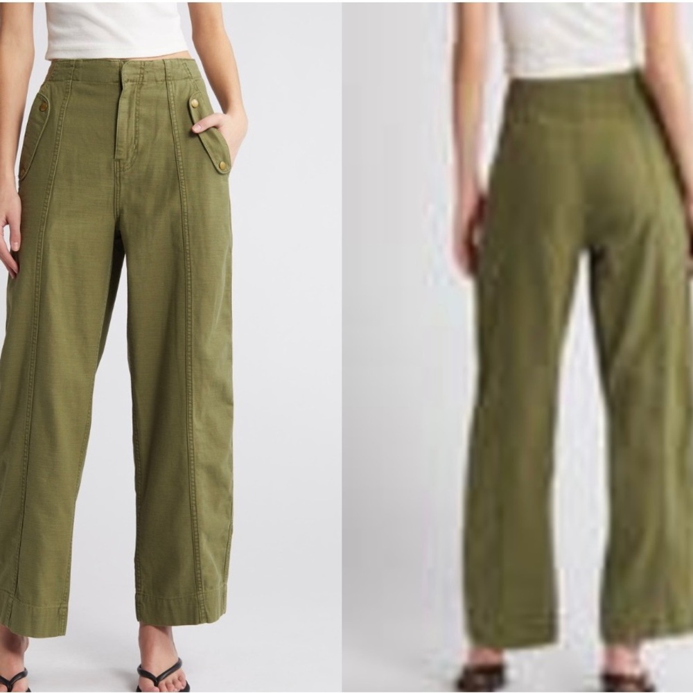 FRAME. Wm’s High Waist Barrel Leg Utility In Washed Winter/Moss. Sz: 26.